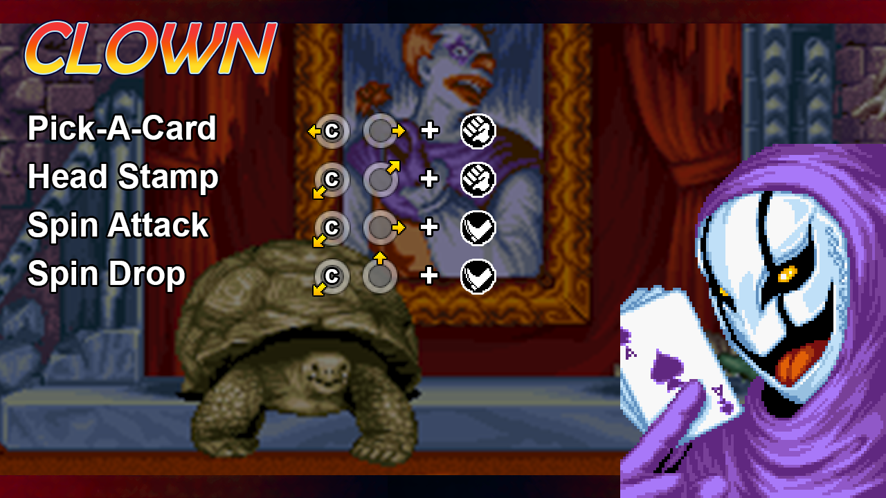 Clown card showing his special move inputs.